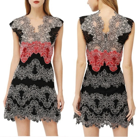 NWOT Sandro Isobel Lace Mini Dress Red Black New Designer Women’s Small - Picture 1 of 12